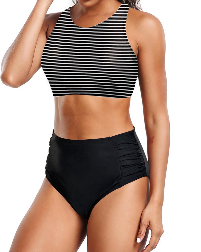 Holipick Black Striped Women High Waisted Two Piece Bikini Set Racerback Bathing Suit Sporty Crop Top with Bottom for Teen Girls S - Image 3